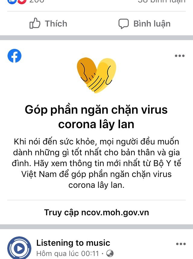 Facebook cập nhật tính năng mới để đẩy lùi tin giả về virus corona tại Việt Nam. (Ảnh: Facebook)
