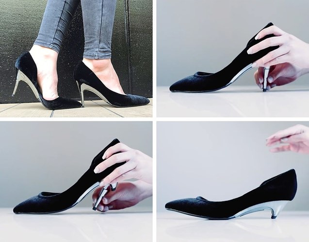 Giày gót cao có thể điều chỉnh độ cao. Bạn không cần phải mang theo một đôi giày dự phòng trong túi nữa. Nhờ sáng chế này, chiều cao của giày cao gót có thể được điều chỉnh từ 2 đến 9 cm.