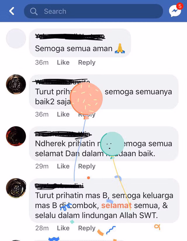 Nhiều bình luận có chủ đề liên quan tới trận động đất tại Indonesia nhưng lại bị Facebook gắn kèm hình ảnh "chúc mừng" với bóng bay và hoa giấy.