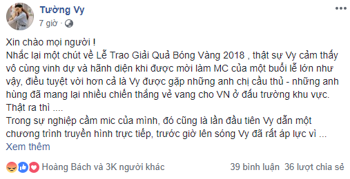 Dù đã lên tiếng khéo léo đính chính nhưng MC Tường Vy vẫn nhận nhiều "gạch đá" từ cộng đồng mạng. Ảnh: FBNV Dù đã lên tiếng khéo léo đính chính nhưng MC Tường Vy vẫn nhận nhiều "gạch đá" từ cộng đồng mạng. Ảnh: FBNV
