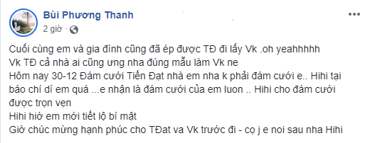Nữ ca sĩ Phương Thanh chia sẻ "sự thật" cùng một số hình ảnh trong buổi rước dâu của Tiến Đạt.