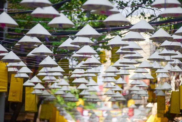 Những chiếc nón lá được treo khéo léo, thành hàng.