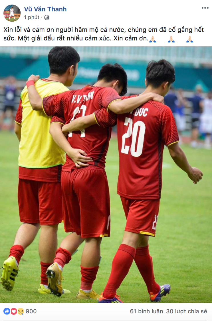 Lời cảm ơn và xin lỗi của cầu thủ Vũ Văn Thanh sau trận thua Olympic UAE.