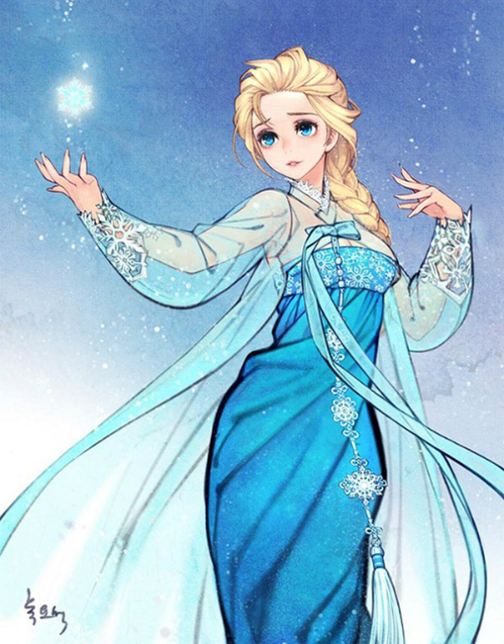 Còn đây là Elsa của phim Frozen. Bộ hanbok lấy cảm hứng từ những bông tuyết có lẽ còn đẹp hơn cả trang phục chính thức mà Elsa mặc trong phim nữa.
