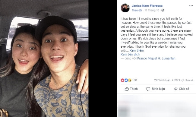 Janica Nam Floresca đăng status cảm động tưởng nhớ Franco Hernandez.