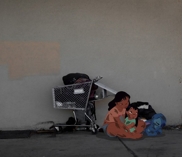 Nani, Lilo, và Stich ăn xin trên phố.