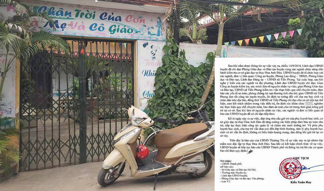 Cơ sở giáo dục mầm non độc lập tư thục Hoa Anh Đào (thôn Thượng Cung, xã Tiền Phong) của bà Lê Thị Mỹ là cơ sở đã được cấp phép hoạt động từ năm 2014.