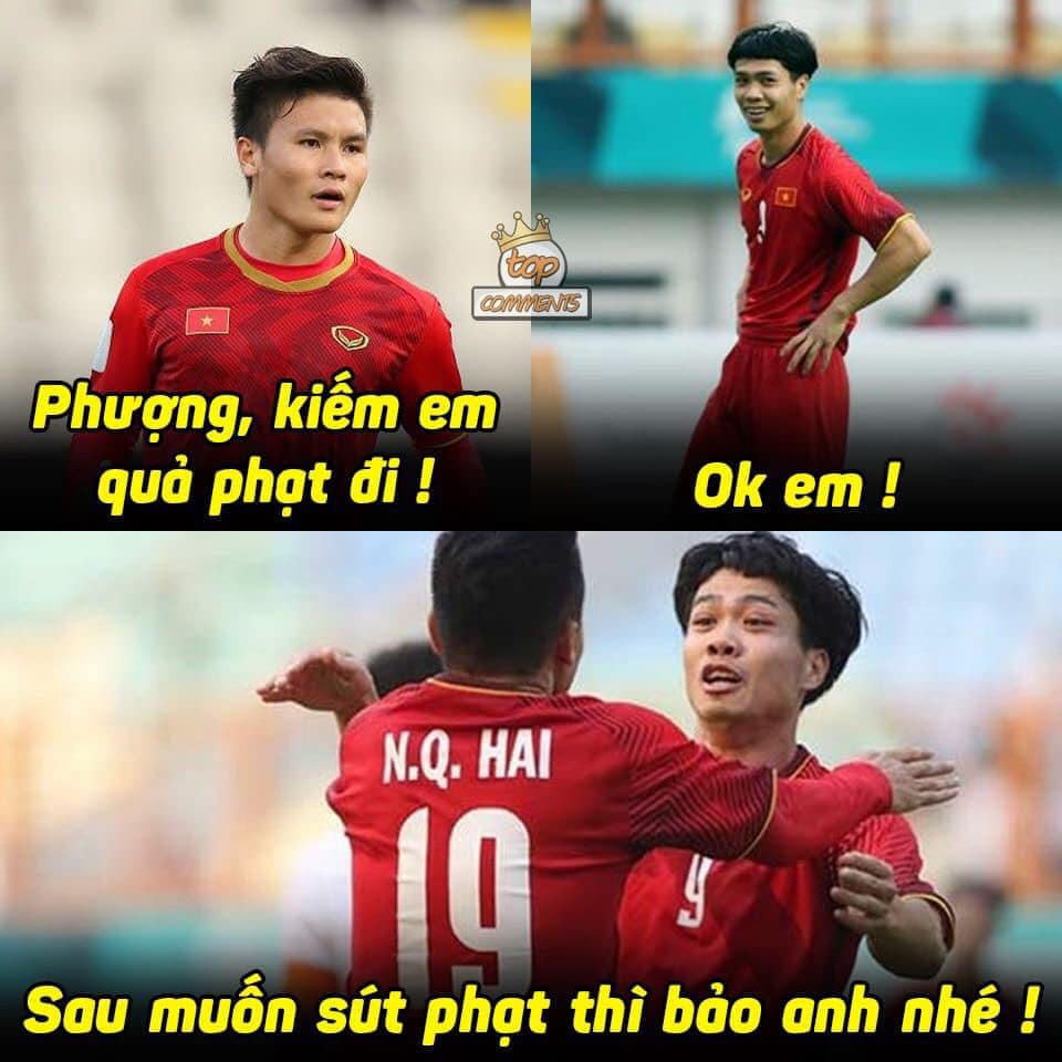 Dù là người giúp đem về quả đá phạt hay ghi bàn thì Công Phượng vẫn bị dân mạng đem ra chế ảnh. (Ảnh:Top Comments)