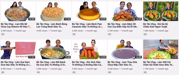 Nội dung lặp đi lặp lại trên kênh Bà Tân. (Ảnh chụp màn hình)