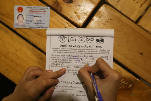 Nếu đủ điều kiện, khách có thể nhận mèo về nuôi bằng cách đăng ký thông tin vào phiếu.