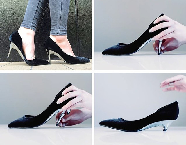 Giày gót cao có thể điều chỉnh độ cao. Bạn không cần phải mang theo một đôi giày dự phòng trong túi nữa. Nhờ sáng chế này, chiều cao của giày cao gót có thể được điều chỉnh từ 2 đến 9 cm.