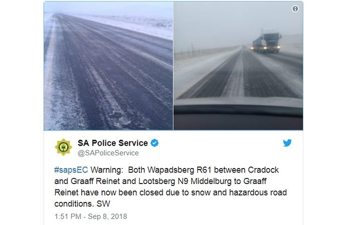 Trang Twitter của Cánh sát Nam Phi thông báo đóng cửa một số tuyến đường do ảnh hưởng của giá lạnh và tuyết rơi dày. Ảnh chụp màn hình.