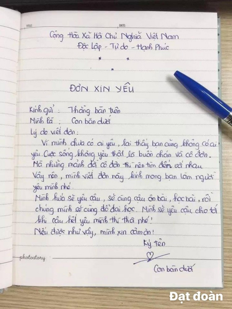 Đơn xin yêu. (Ảnh: Đạt Đoàn/ Trường người ta)