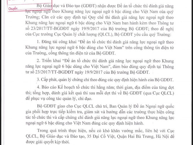 Văn bản Bộ GD-ĐT đồng ý cho các trường được tổ chức kỳ thi này. Ảnh: HÀ ÁNH.