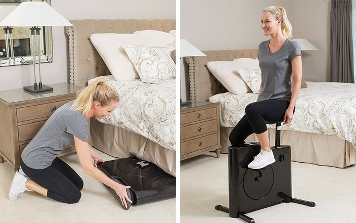 Xe đạp tập thể dục trong không gian chật hẹp. Chiếc xe này chiếm không gian chỉ bằng một túi hành lý và có thể dễ dàng được cất dưới gầm giường hoặc trong tủ sau khi tập luyện.