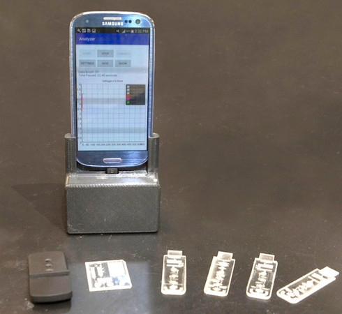 Thiết bị chẩn đoán nhanh đang được cắm vào điện thoại thông minh để thử nghiệm.