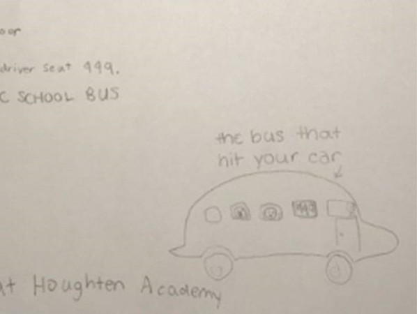 Một phần tờ giấy nhắn của bạn học sinh lớp 6 – kèm theo cả hình vẽ chiếc xe bus.