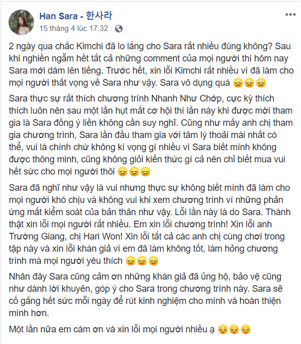 Han Sara gửi lời xin lỗi tới khán giả và ê-kíp chương trình sau khi liên tục bị chỉ trích những ngày qua. Han Sara gửi lời xin lỗi tới khán giả và ê-kíp chương trình sau khi liên tục bị chỉ trích những ngày qua.
