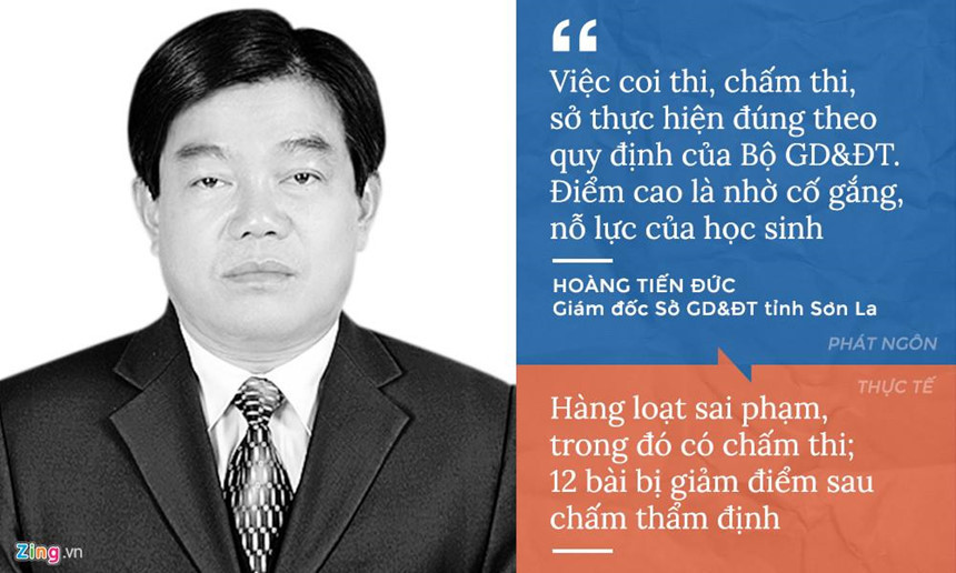 Ông Hoàng Tiến Đức - Giám đốc Sở GD&ĐT Sơn La - trả lời báo chí trước và sau khi gian lận thi cử bị phát hiện. Tuy nhiên, sau khi cơ quan công an điều tra và kết luật, con số thí sinh Sơn La liên quan gian lận lên đến 44 người. Đồ họa: P.N. Ông Hoàng Tiến Đức - Giám đốc Sở GD&ĐT Sơn La - trả lời báo chí trước và sau khi gian lận thi cử bị phát hiện. Tuy nhiên, sau khi cơ quan công an điều tra và kết luật, con số thí sinh Sơn La liên quan gian lận lên đến 44 người. Đồ họa: P.N.