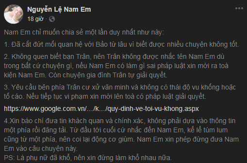 Dòng trạng thái lên tiếng của Nam Em.