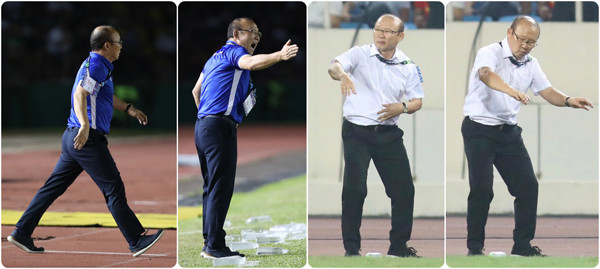 Ông thường xuyên đi ra đi vào, chỉ đạo chiến thuật cho các cầu thủ bằng ngôn ngữ cơ thể sinh động.