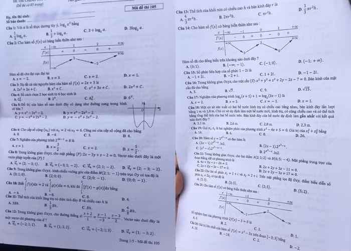 Trang 1&amp;2 của đề thi Toán, mã đề 105.