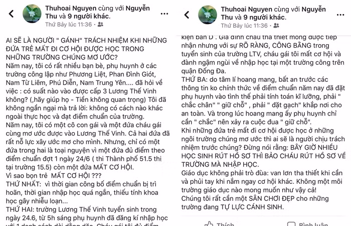 Bài chia sẻ trên Facebook cá nhân của cô Hoài.