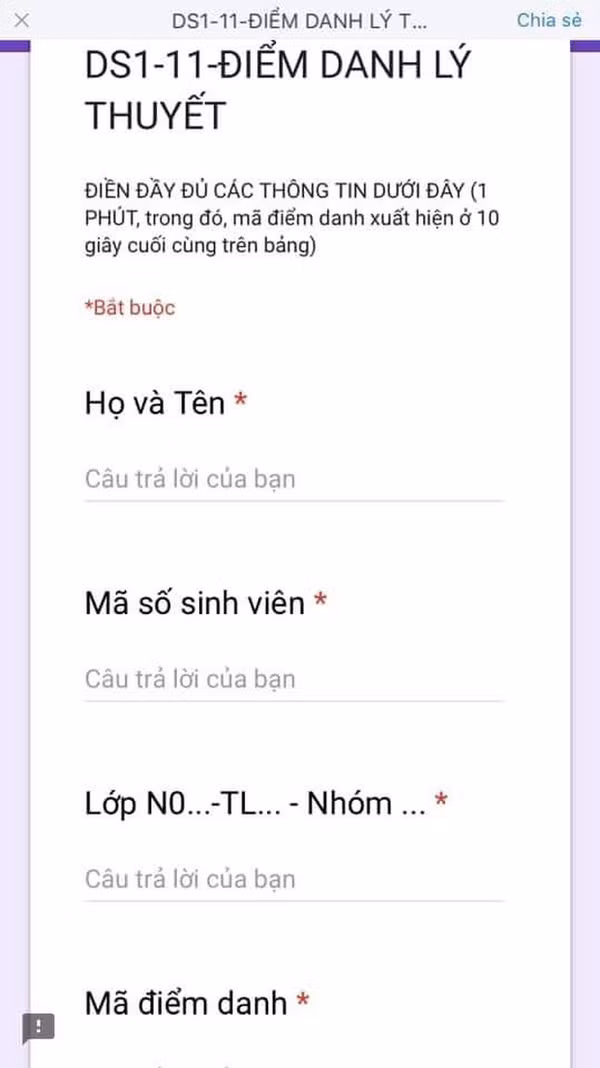 Khi đã quét được mã QR một biểu mẫu với các câu hỏi hiện ra.