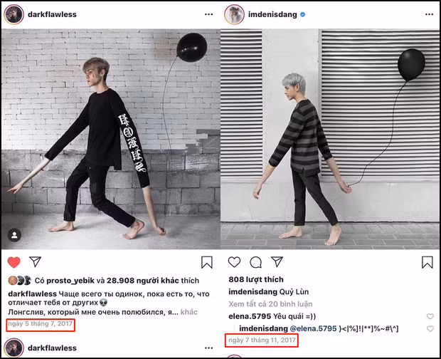 Những bức ảnh giống nhau giữa tài khoản Instagram "darkflawless" và Denis Đặng.
