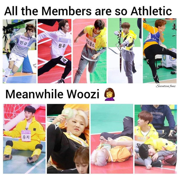 Thế nhưng vẫn có những idol tham gia Idol Star Athletics Championships với tinh thần vui là chính, thi đấu là phụ. Như Woozi (Seventeen) đây, các thành viên khác miệt mài vận động thì anh chàng nằm dài ra sân chơi điện thoại hoặc ngủ gật.