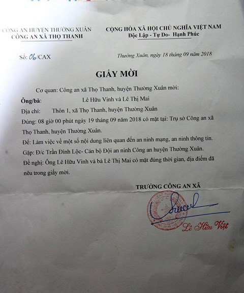 Giấy mời của lãnh đạo Công an xã Thọ Thanh.