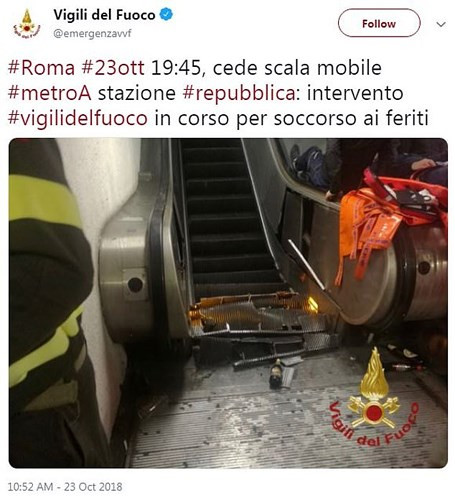 Hơn 100 lính cứu hỏa được huy động đến nhà ga sau khi một vài bậc cuối cùng của thang cuốn hoàn toàn sập xuống.