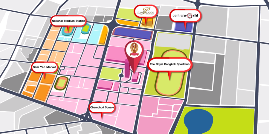 Đại học Chulalongkorn tọa lạc ở trung tâm của Thủ đô Băng Cốc, nằm giữa những điểm đến du lịch của thành phố.