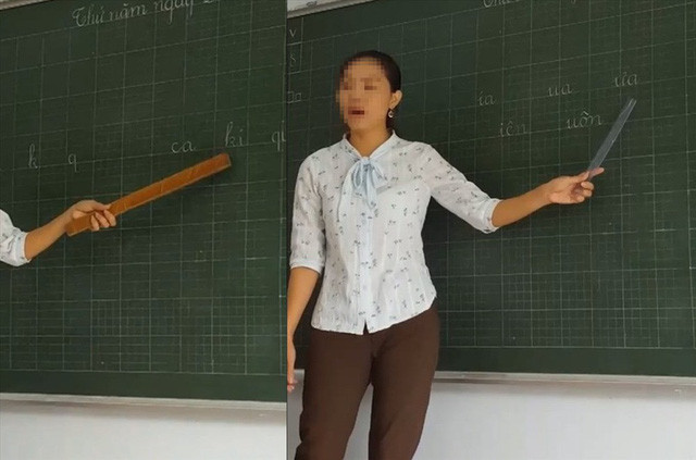 Cô giáo dạy học sinh cách đánh vần "lạ". Ảnh: Từ clip.