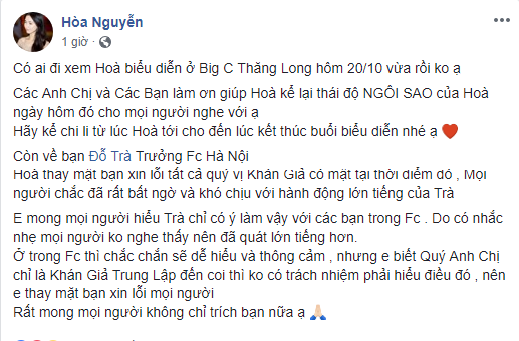 Hòa Minzy lên tiếng xin lỗi khán giả vì sự việc vừa qua.