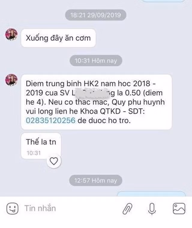 Một sinh viên khác chia sẻ tin nhắn của mẹ gửi mình sau khi trường báo kết quả học tập. Ảnh trên Cộng đồng sinh viên Hutech.