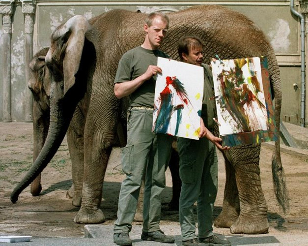 Hai nhân viên tại sở thú Cologne ở Đức đang cầm những bức tranh do chú voi Tanga (đứng ở phía sau) vẽ.