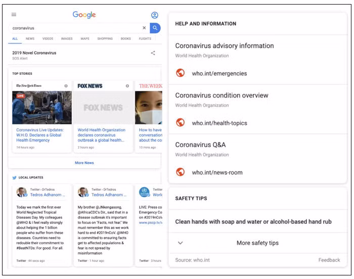 Google kích hoạt chế độ SOS khi tìm kiếm từ khoá coronavirus. (Ảnh: Google)