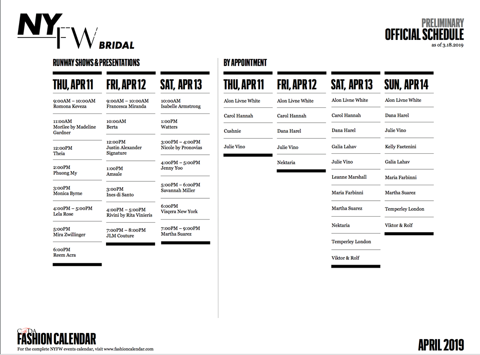Lịch diễn của New York Fashion Week Bridal.