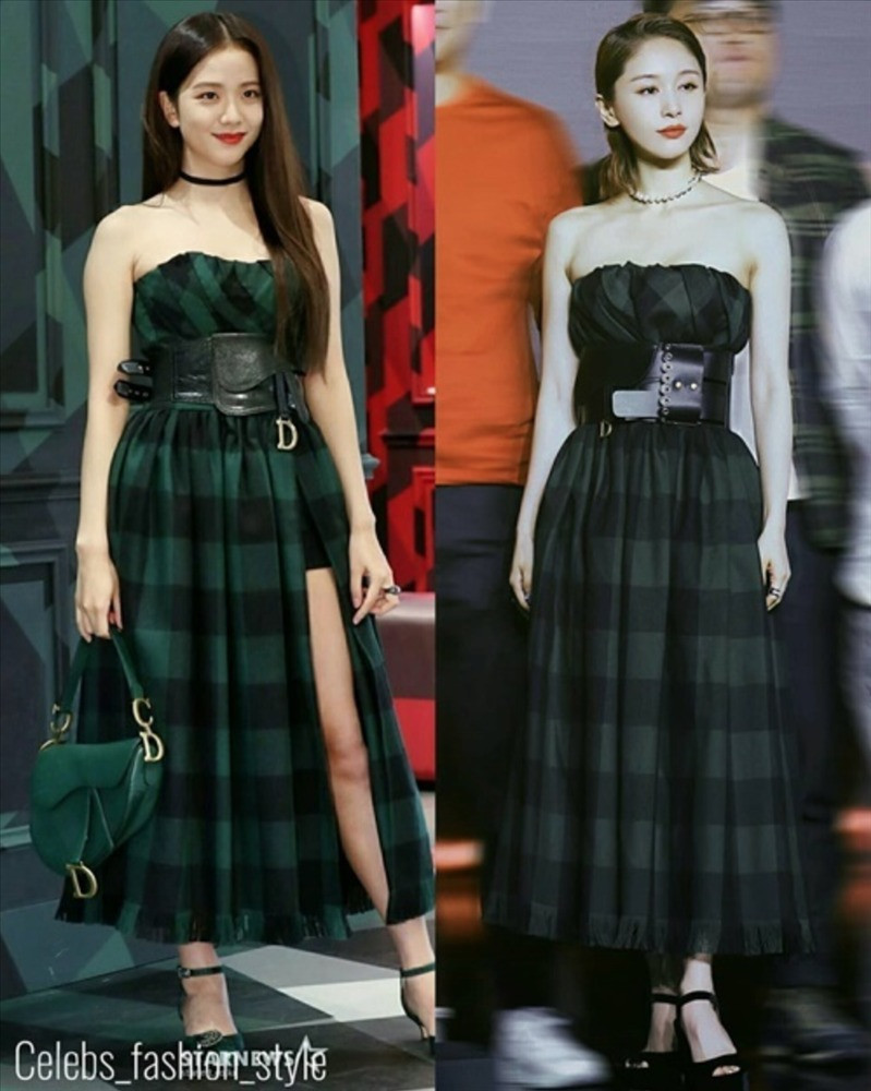 Jisoo (trái) gần đây gây chú ý khi tham dự sự kiện của Dior với váy xẻ cao. Trước đó, Vương Tử Văn cũng mặc set váy này, đi kèm thắt lưng to bản giống hệt thành viên của Black Pink. Chưa kểkiểu tóc chải ngược giúp nữ diễn viên Trung Quốc toát lên thần thái sang chảnh