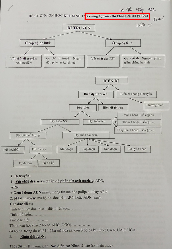 Tờ đề cương môn sinh học gây chú ý.