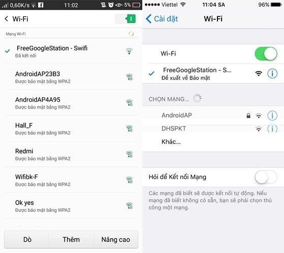 Các bước kết nối Wi-Fi của Google trên di động.