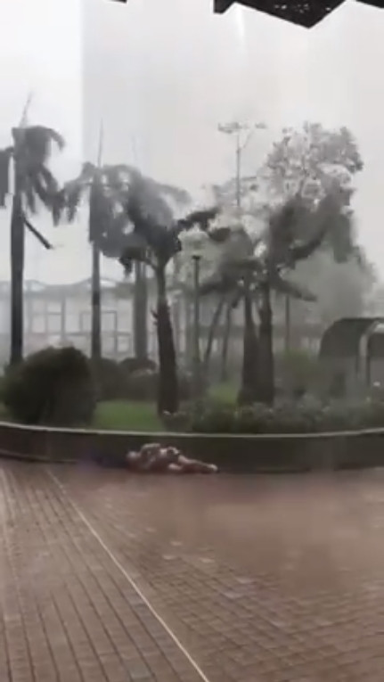 Người bị gió thổi đến mức không thể đứng dậy.