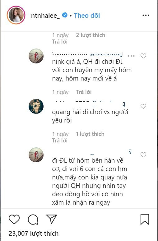 Nhiều người còn vào thẳng Instagram của Nhật Lê để bàn luận chuyện Quang Hải đi Đà Lạt với Huyền My.