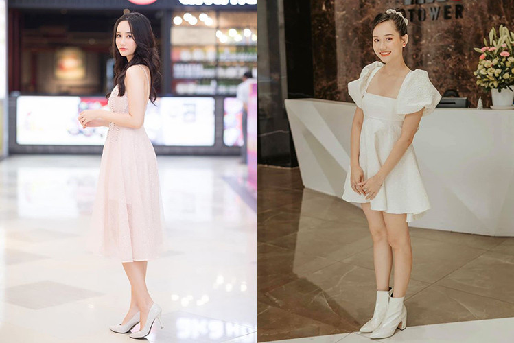 Công thức ăn mặc quen thuộc của nàng thơ Mắt biếc là váy ngắn tông trắng và giày cao gót, giúp 