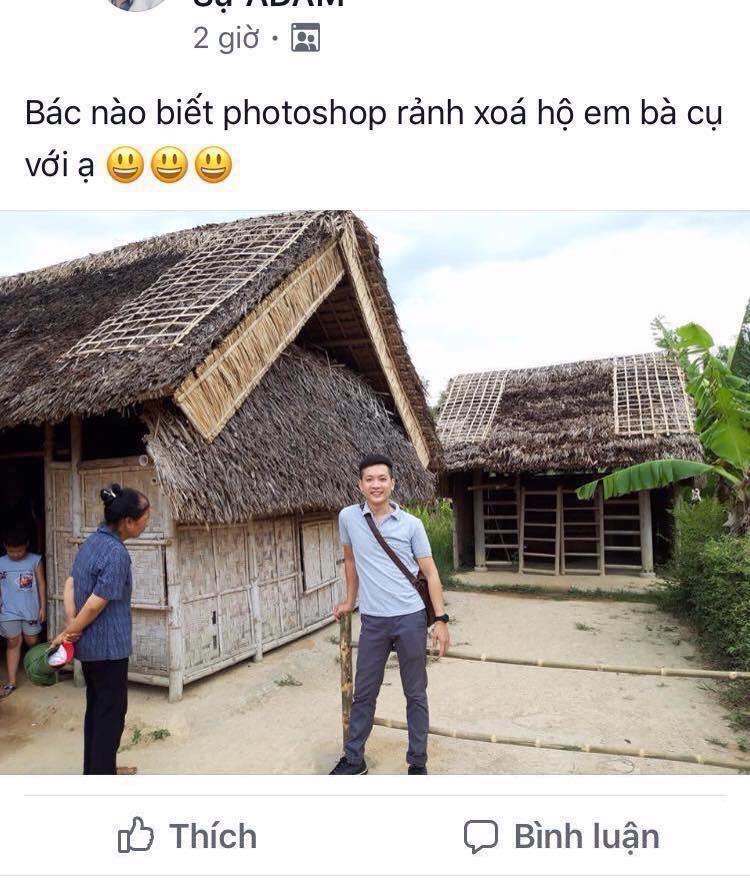 Thanh niên nhờ các “thánh photoshop” xóa hộ bà cụ khỏi bức hình.