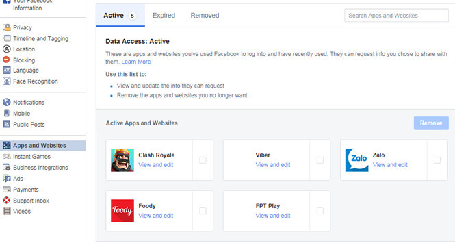 Có thể vào phần ứng dụng liên kết với tài khoản Facebook, nếu nghi ngờ ứng dụng nào không tin tưởng hãy gỡ nó ra. ẢNH:CHỤP MÀN HÌNH.