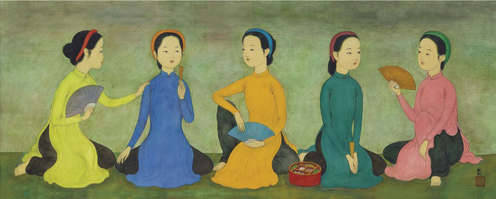 Không chỉ bức “Thưởng trà” được mang ra biến tấu theo phong cách hài hước, nhiều tác phẩm khác của họa sĩ quê Hải Phòng cũng được chia sẻ và nhanh chóng gây sốt cộng đồng mạng, chẳng hạn như bức “Năm cô gái trẻ”. (Ảnh: Wikipedia/Pinterest)