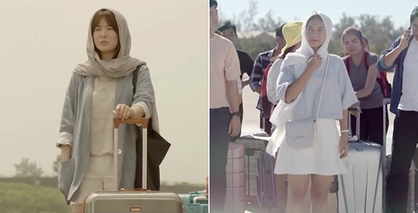 Song Hye Kyo trùm một chiếc khăn lụa mỏng quanh đầu để tránh nắng. Chi tiết này được Khả Ngân tái hiện trong bản Việt.