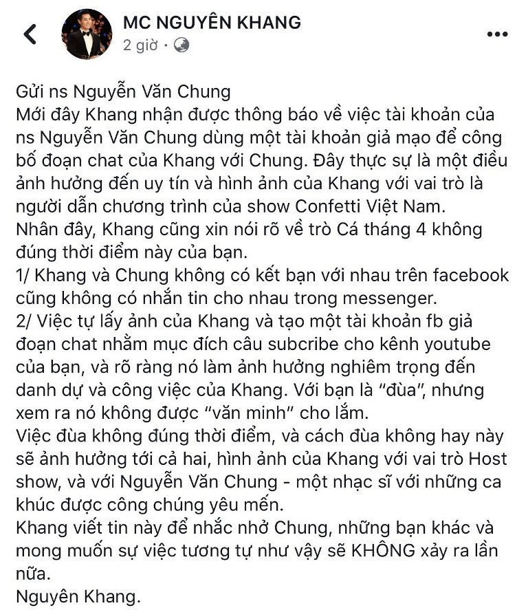 MC Nguyên Khang chính thức lên tiếng. MC Nguyên Khang chính thức lên tiếng.